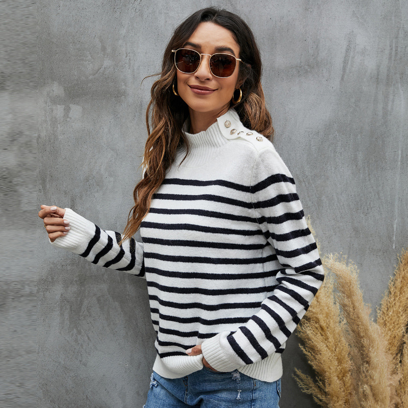 Striped Knit Sweater Loose Fit Long Sleeve Stand Collar Pullover