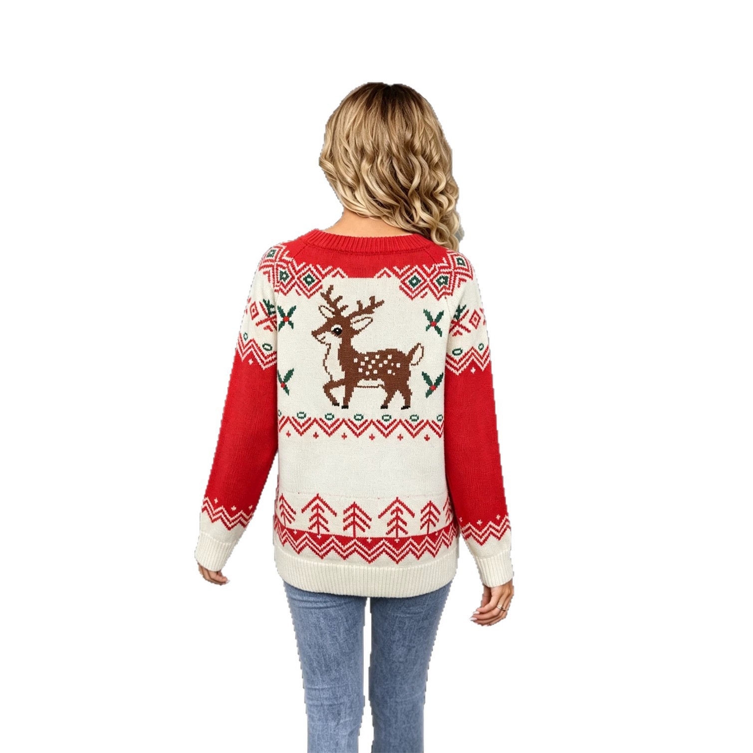 Red Jacquard Christmas Reindeer Sweater Plus Size Crewneck Pullover