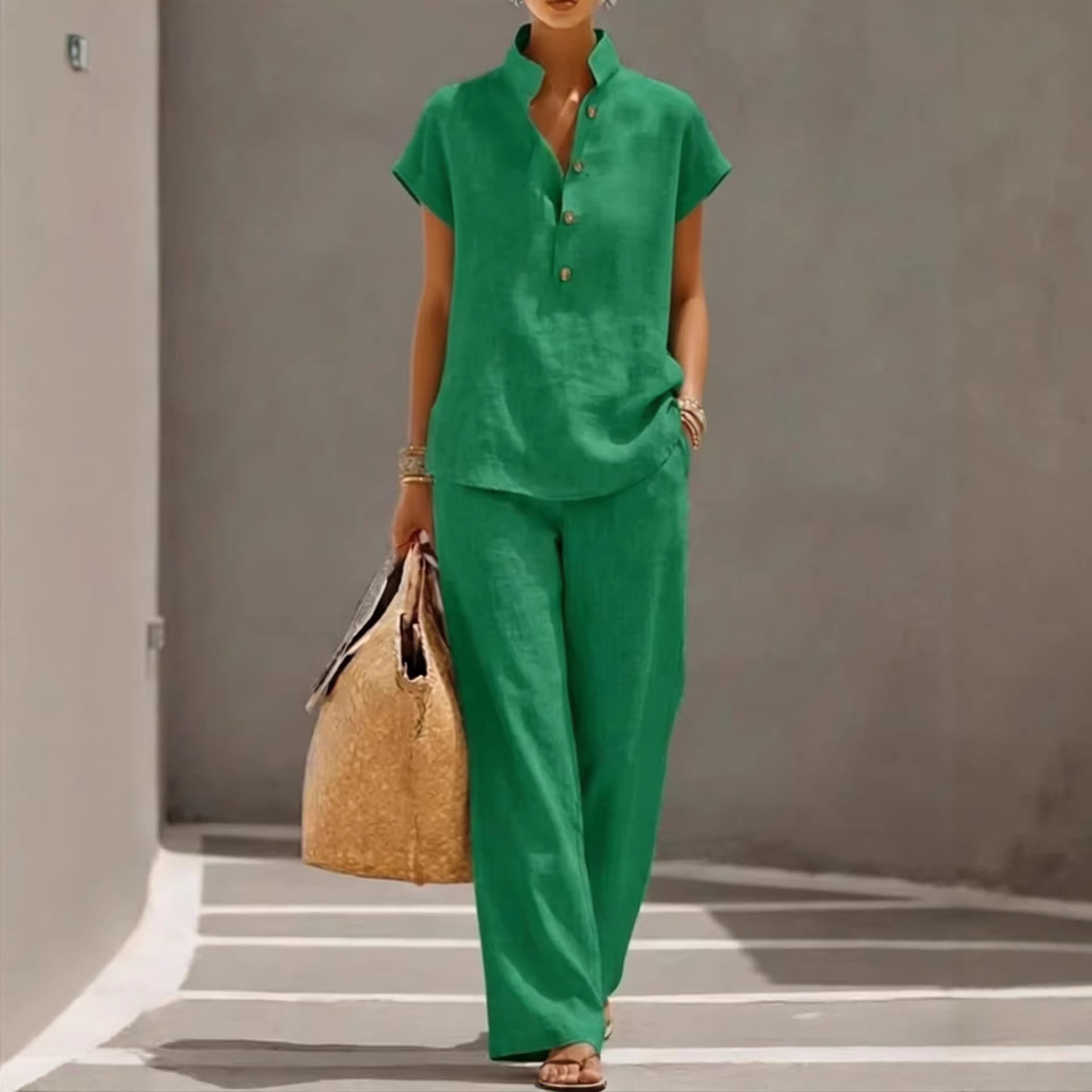 Women's Casual Open-Front Cardigan & Pants Set Solid Color