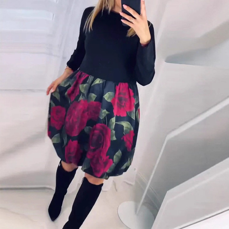 Elegant Floral Print Spliced Bubble Hem Midi Dress