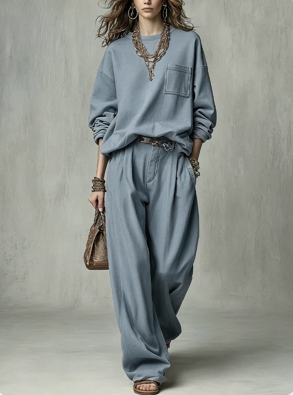 Relaxed Crewneck Sweatshirt & High-Waist Pleated Wide-Leg Pants Set (Belt Not Included)