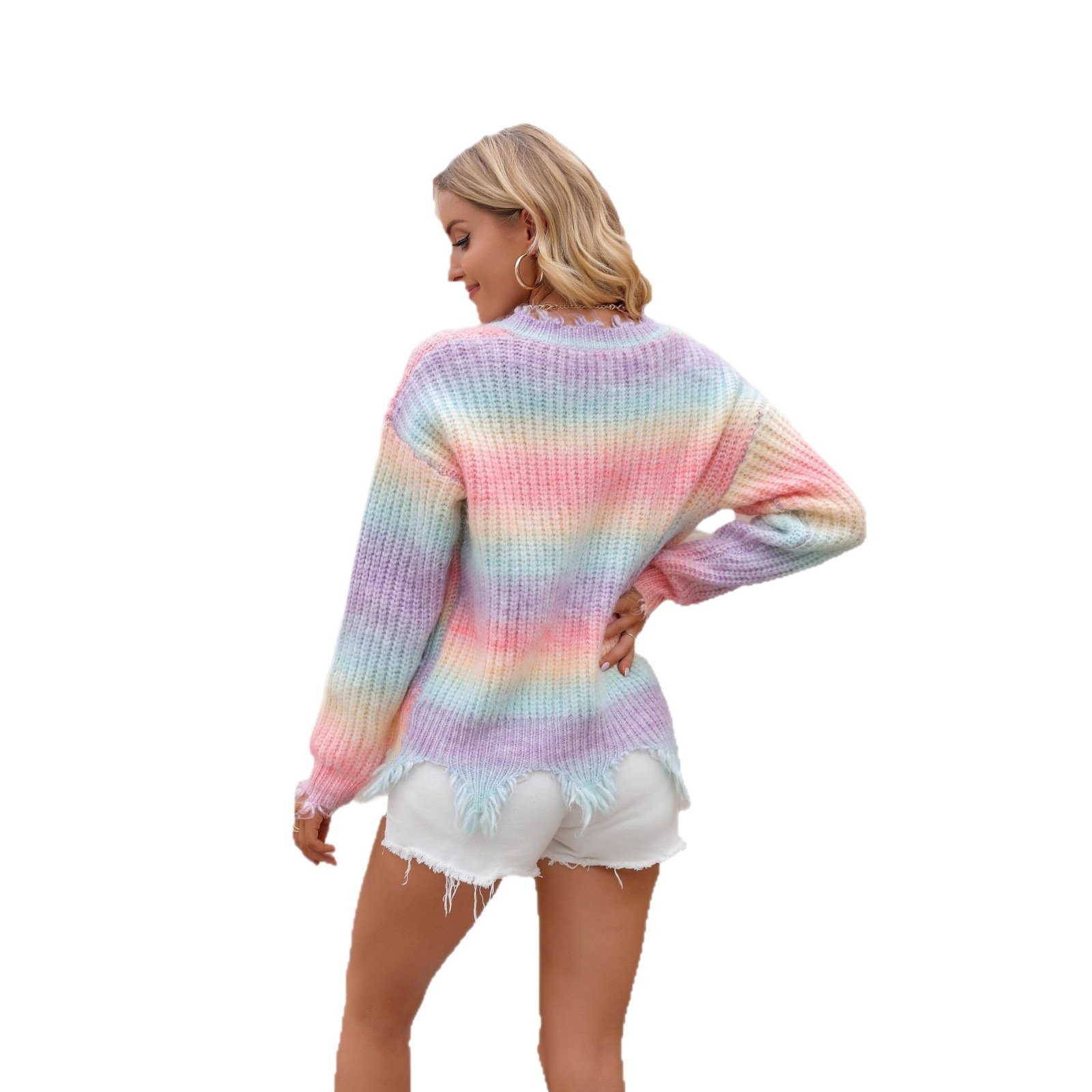 V-Neck Pullover Sweater with Ripped Fringe Rainbow Plus Size