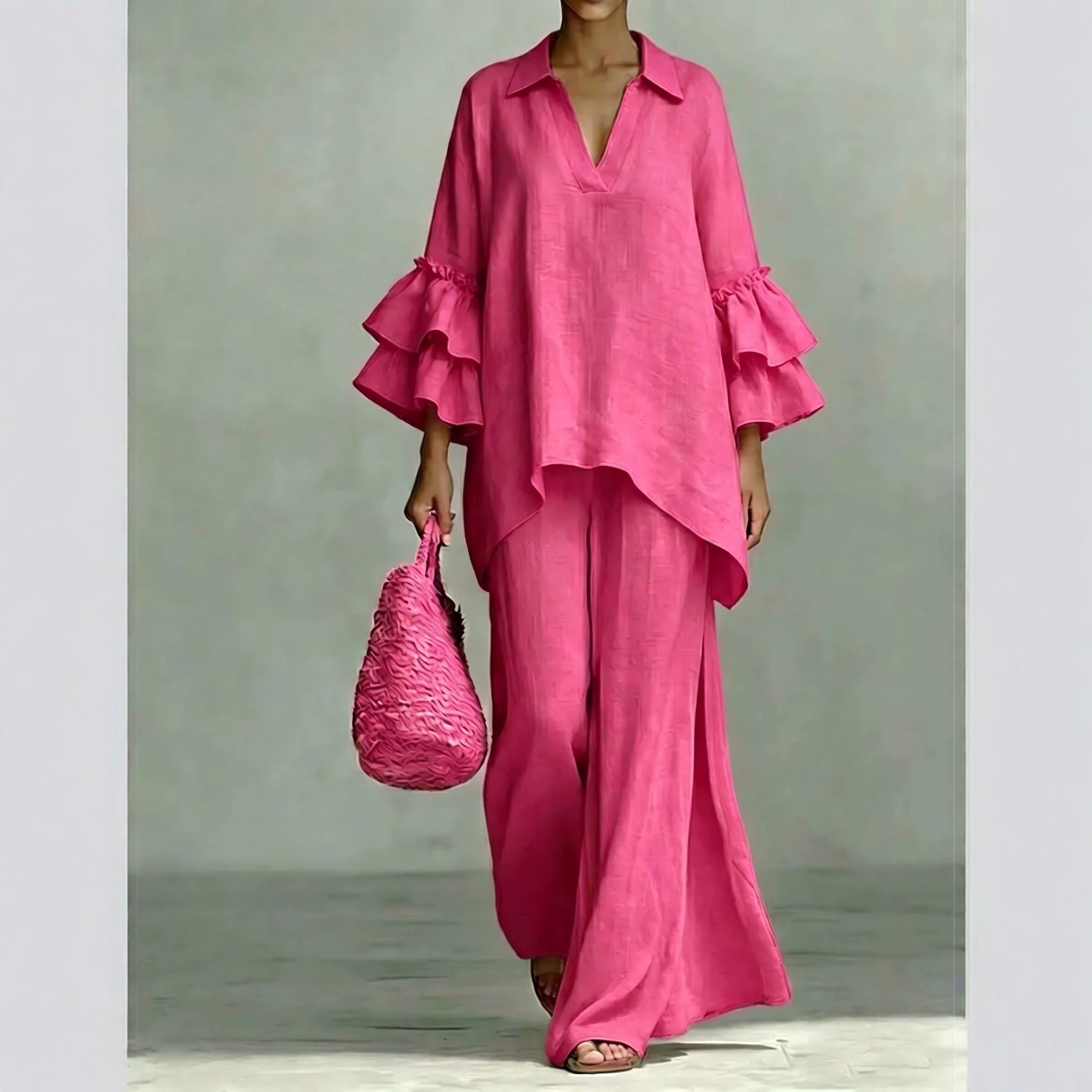Women's Casual Solid Color Shirt Collar Loose Two-Piece Set