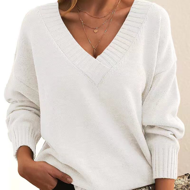 Women's Loose V-Neck Pullover Sweater Casual Knit Top