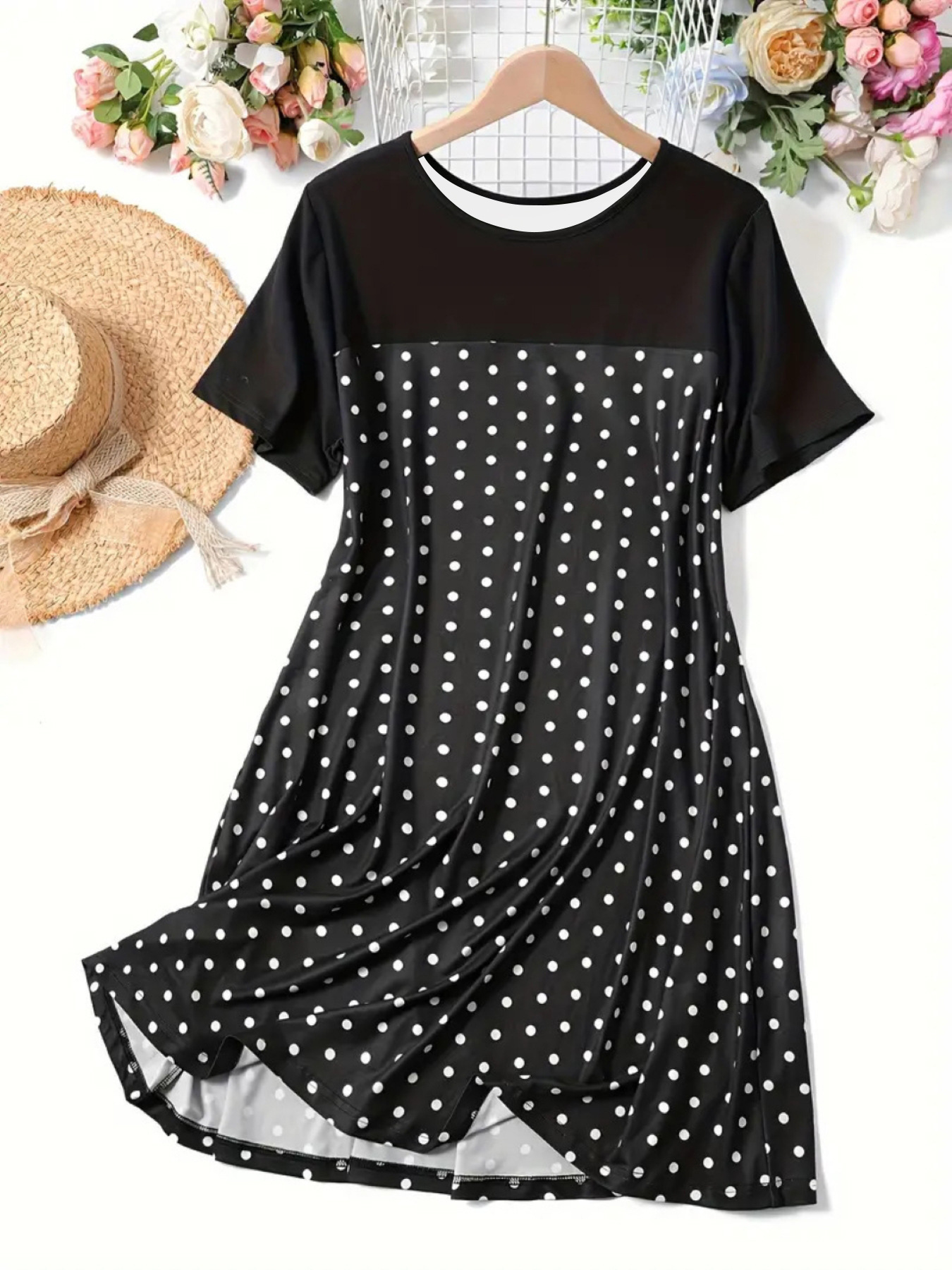 Polka Dot Round Neck Short Sleeve Sleep Dress Comfortable A-Line Dress
