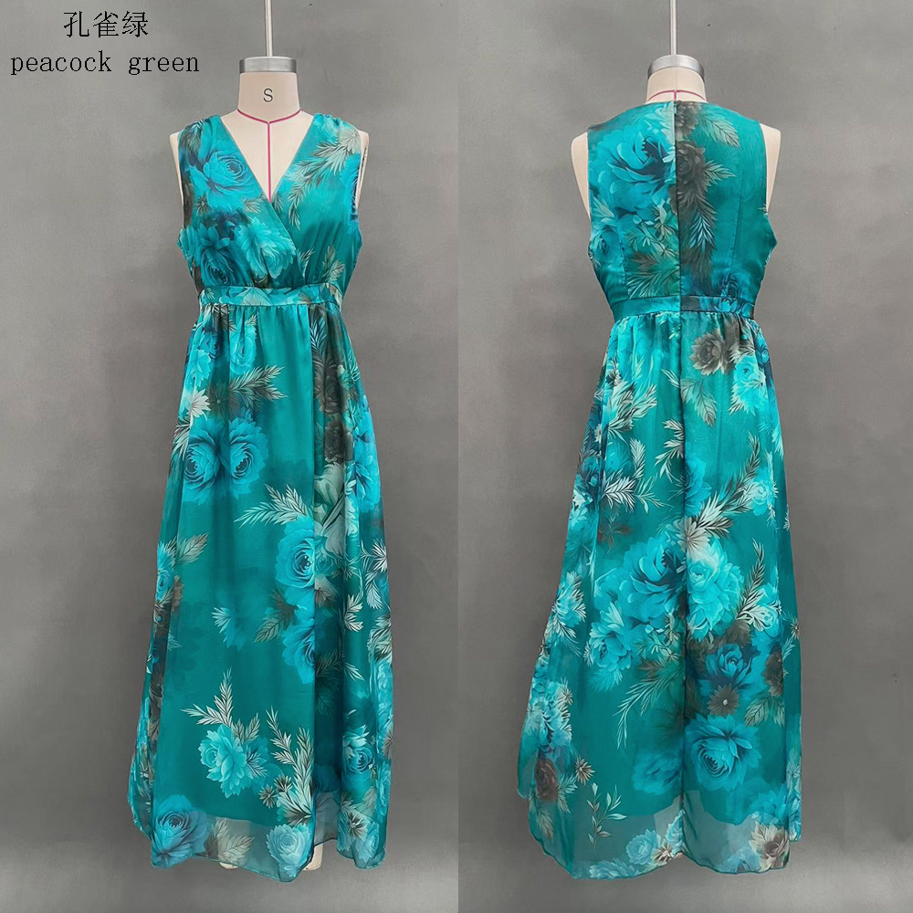 V-Neck Printed Waist-Cinched Sleeveless Long Dress