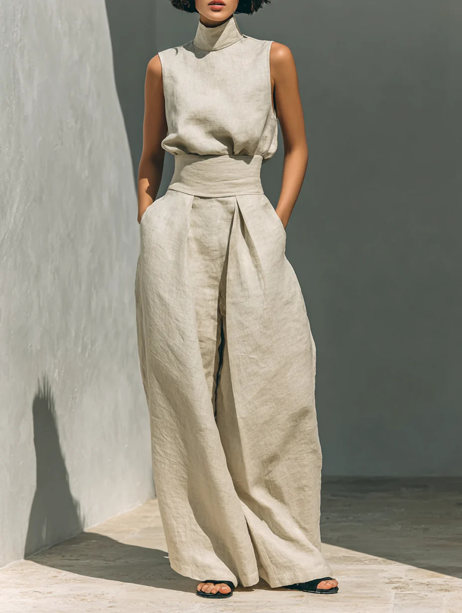 Cotton-Linen Sleeveless Top and Pants Casual Set