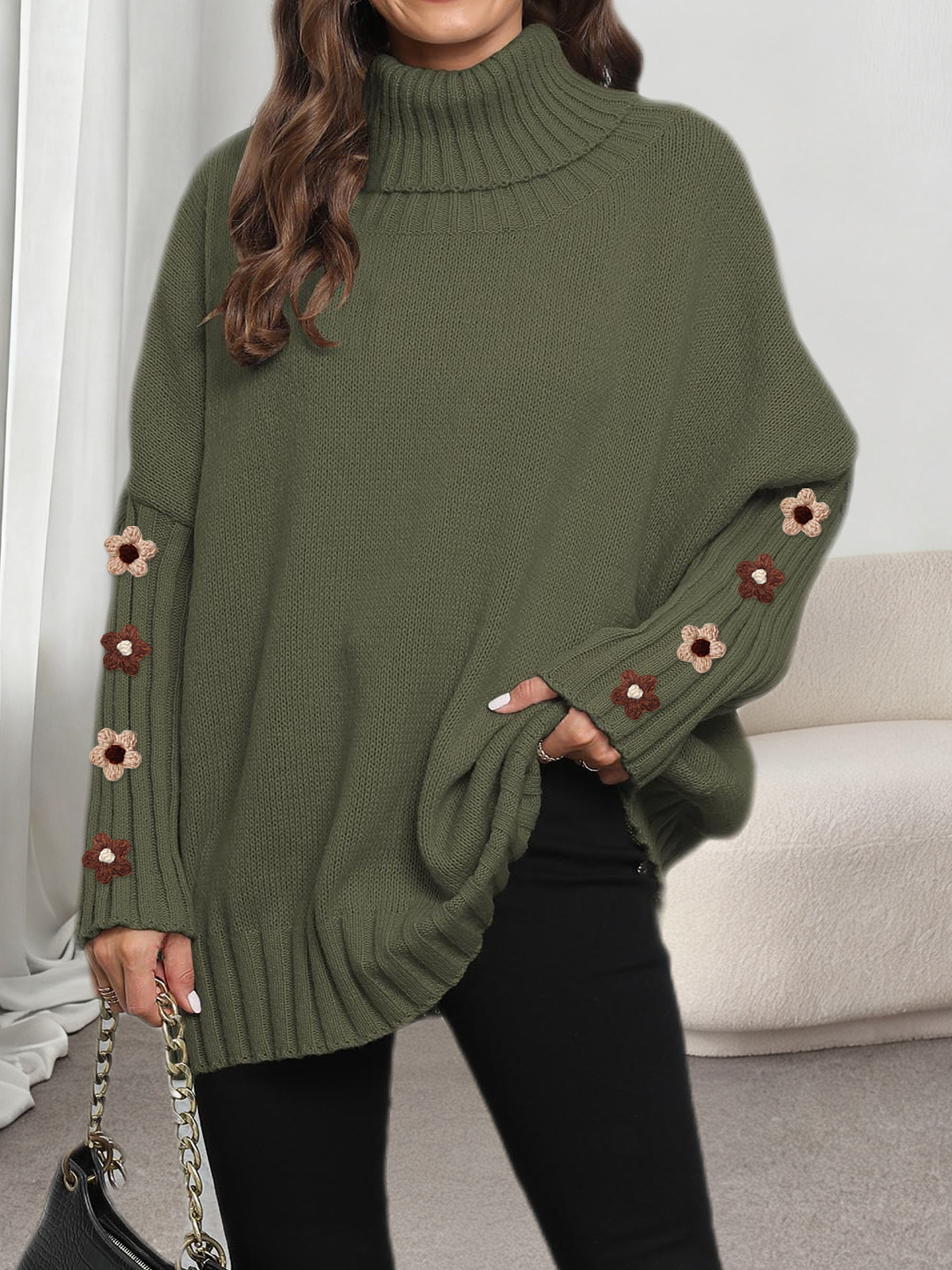 Women's Knit Turtleneck Sweater Solid Color Loose Fit Pullover Top