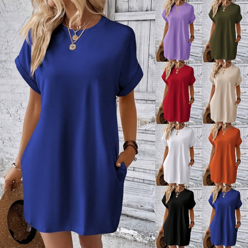 Women's Solid Crewneck Short Sleeve Pocket Midi Dress
