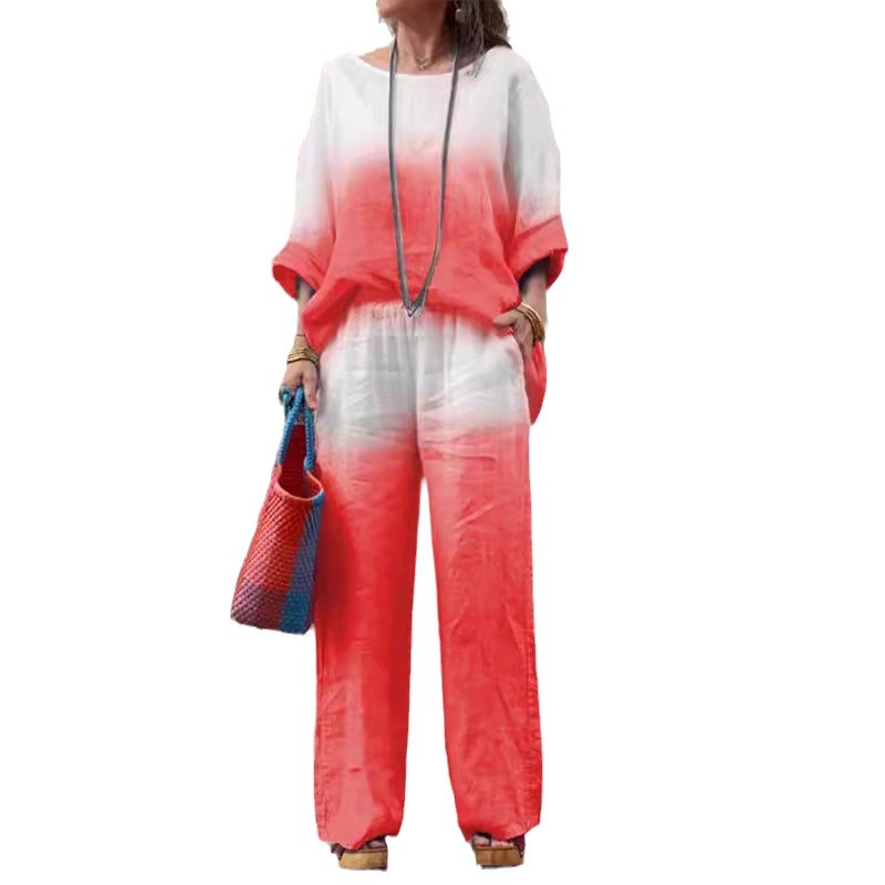 Women's Cotton-Linen Gradient Two-Piece Set with Nine-Tenths Sleeves