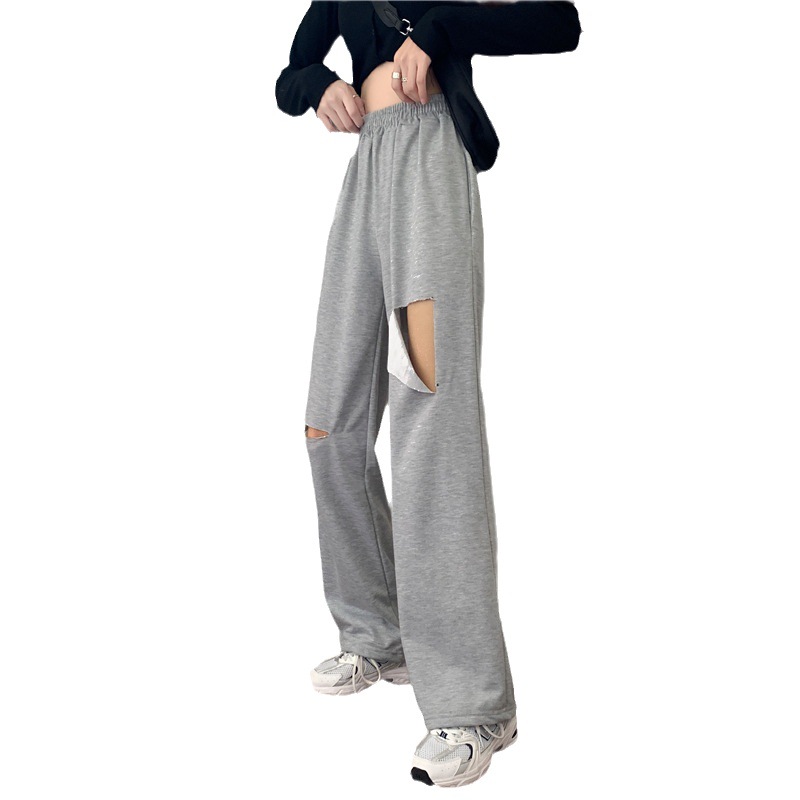 Distressed High-Waist Wide-Leg Pants for Women, Gray Straight-Leg Casual Trousers