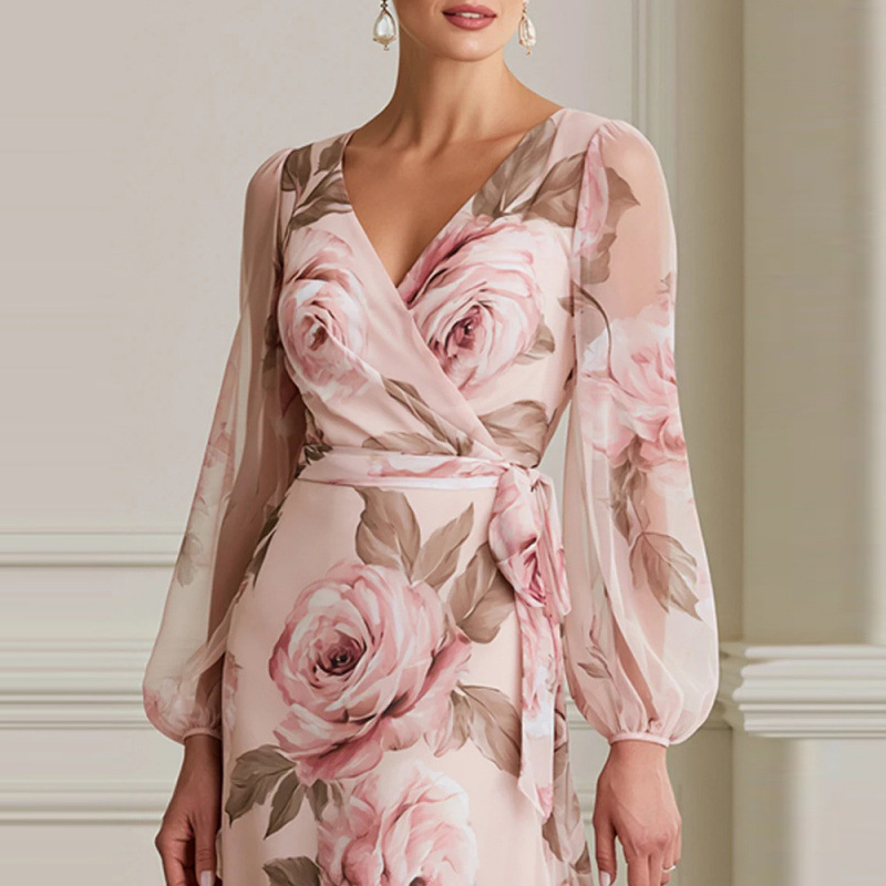 Floral Print V-Neck Lantern Sleeve A-Line Midi Dress