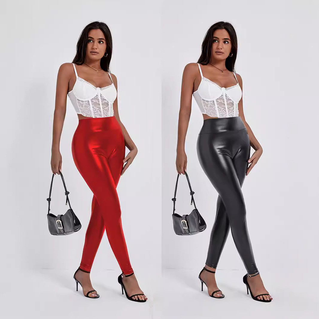 Women's High-Waist PU Leather Pencil Pants - Slim Fit Stretch