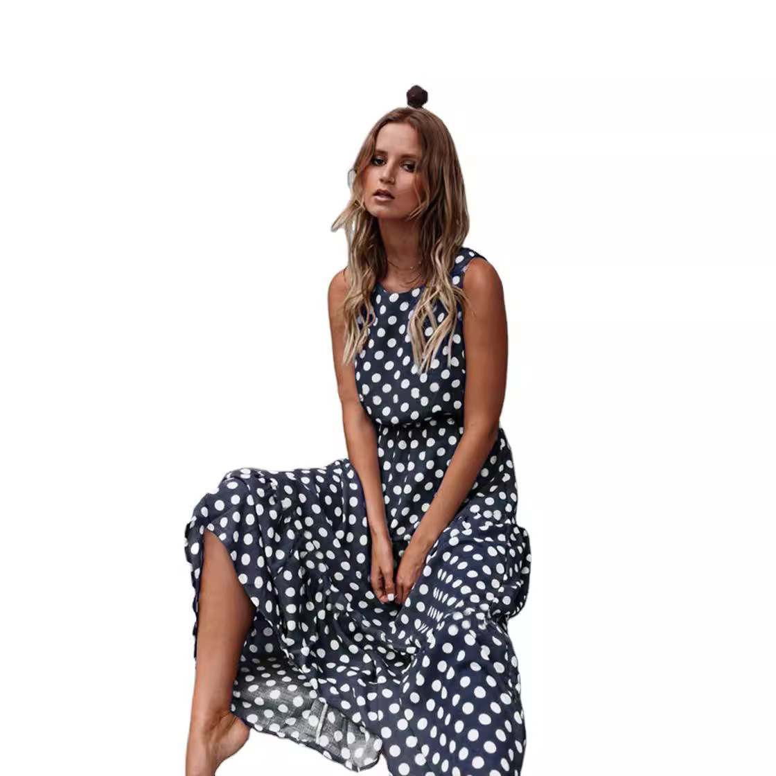 Polka Dot Print Round Neck Long Dress