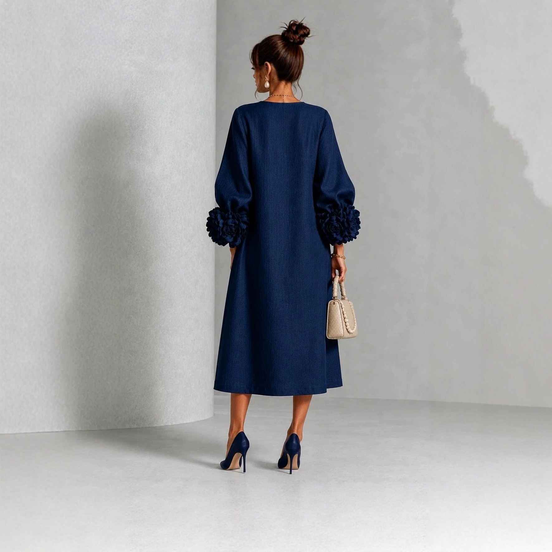 French-Style 3D Floral Lantern-Sleeve Cotton-Linen Midi Dress