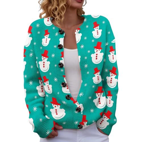 Women's Christmas Tree Snowflake Snowman Reindeer Print Button Cardigan Sweater