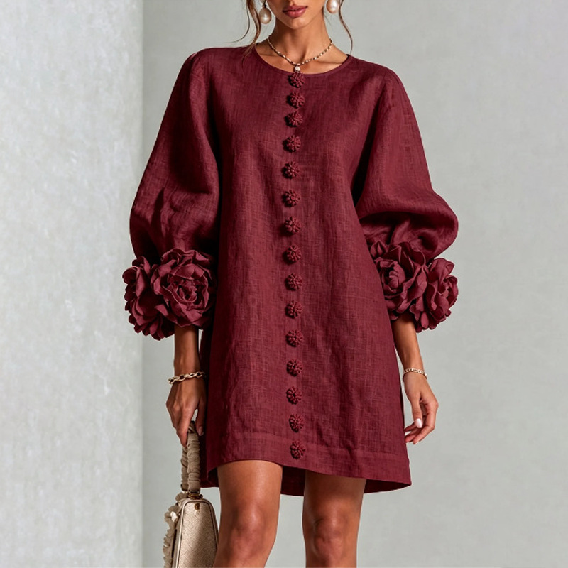 Women's French Style 3D Floral Lantern Sleeve Dress