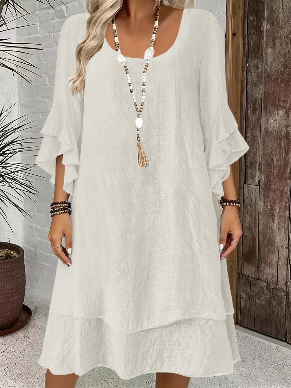 Elegant Ruffle Bell Sleeve Round Neck Midi Dress