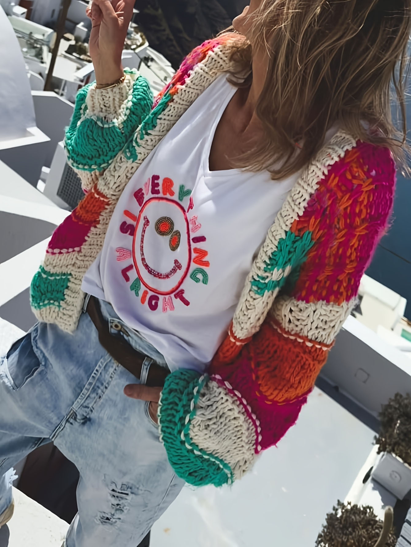 Women's Color-Block Striped Chunky Knit V-Neck Cardigan Sweater