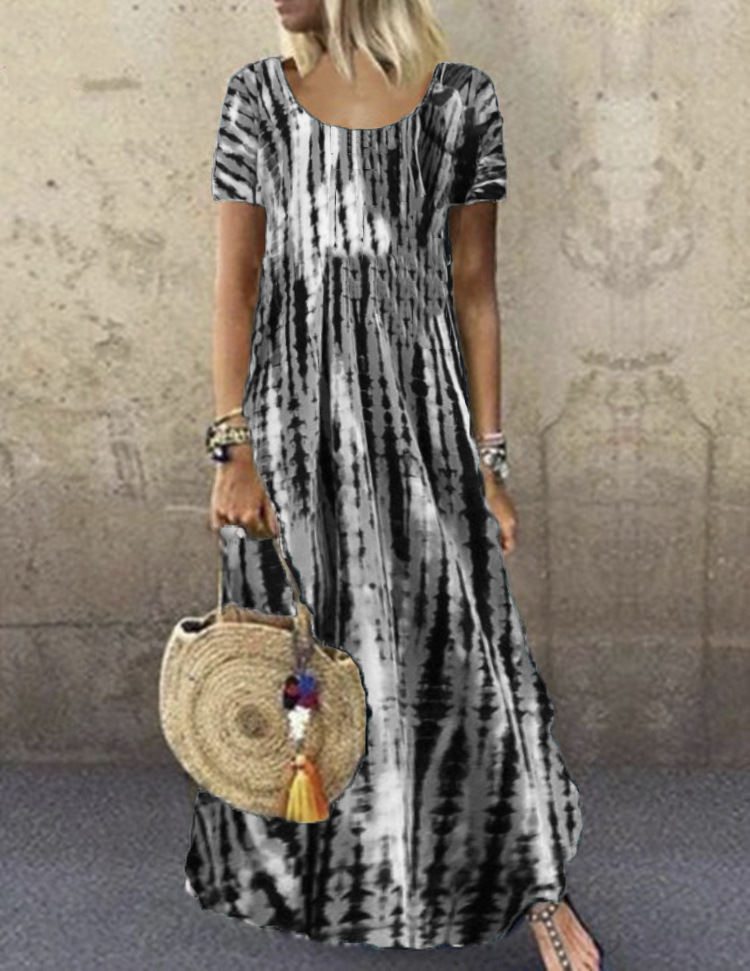 Tie-Dye Print Short Sleeve Round Neck Maxi Dress Plus Size Casual