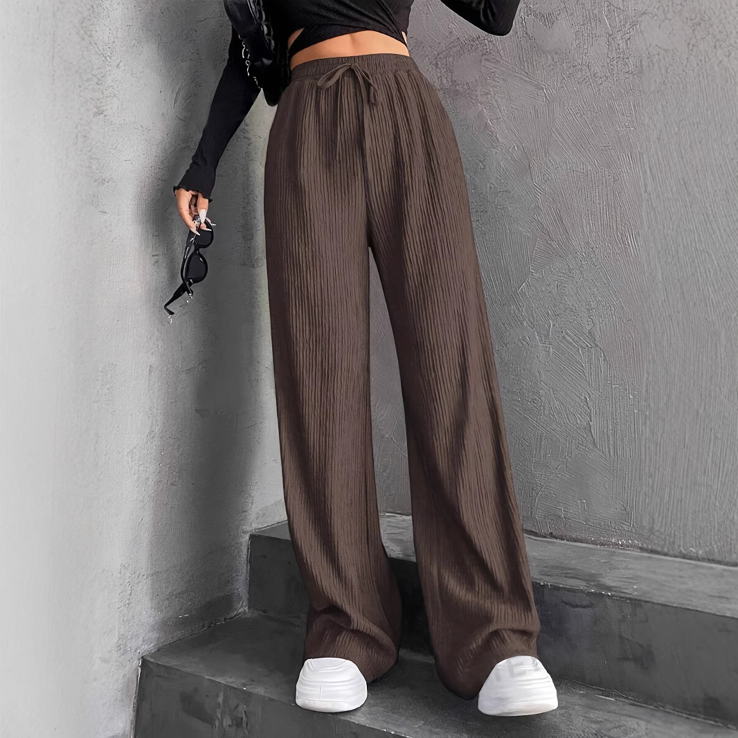 Women's Solid Wide-Leg Pants Elastic High Waist Drawstring Straight Casual