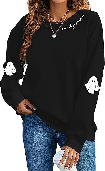Women's Halloween Ghost Pumpkin Bat Print Crewneck Sweatshirt