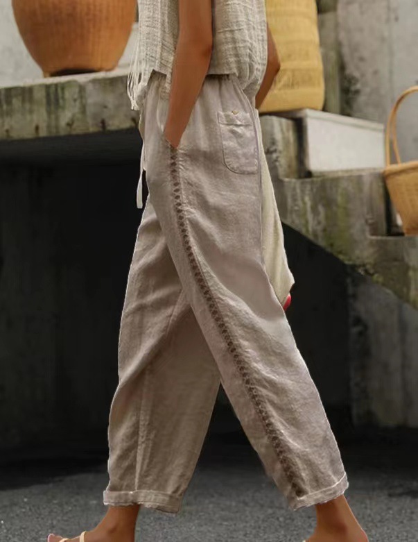 Women's Cropped Pants with Hollow-Out Splicing Casual Straight-Leg High Waist