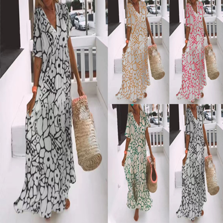 Women's Summer Printed Short Sleeve Deep V-Neck Long Dress