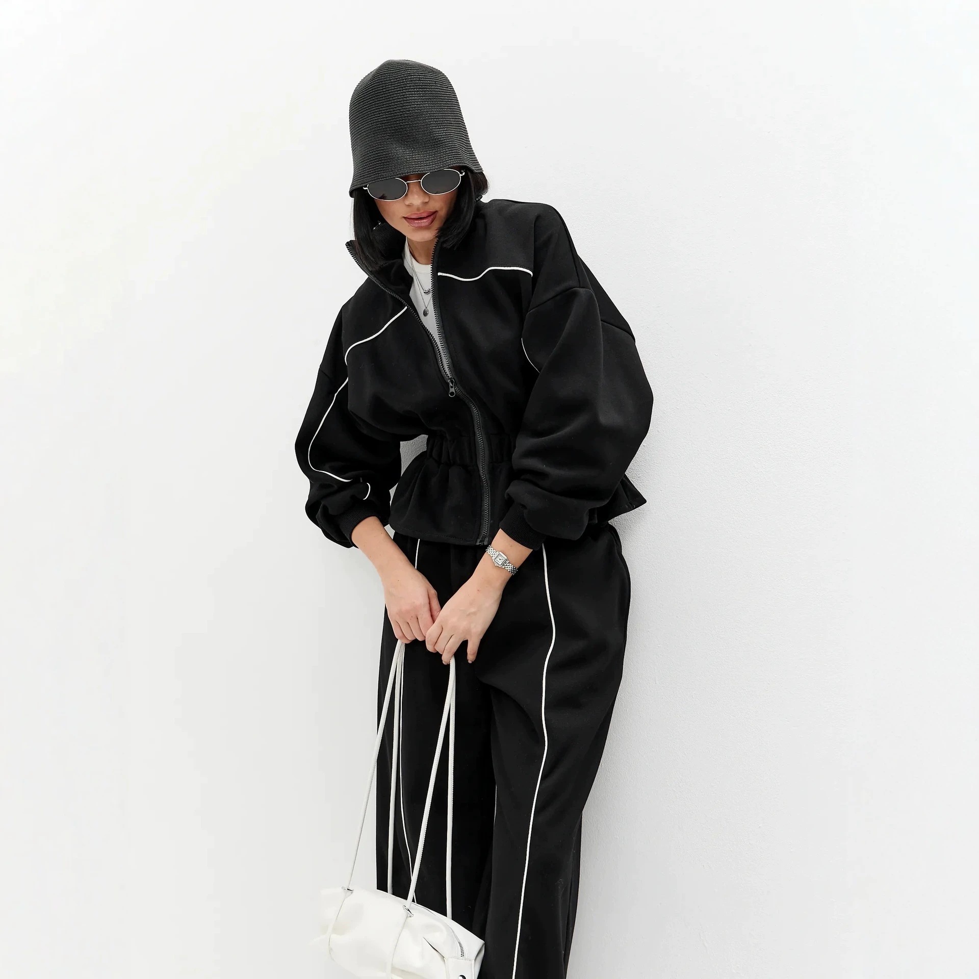 Women's Colorblock Two-Piece Set with Ruched Waist Long Sleeve Jacket and Pants