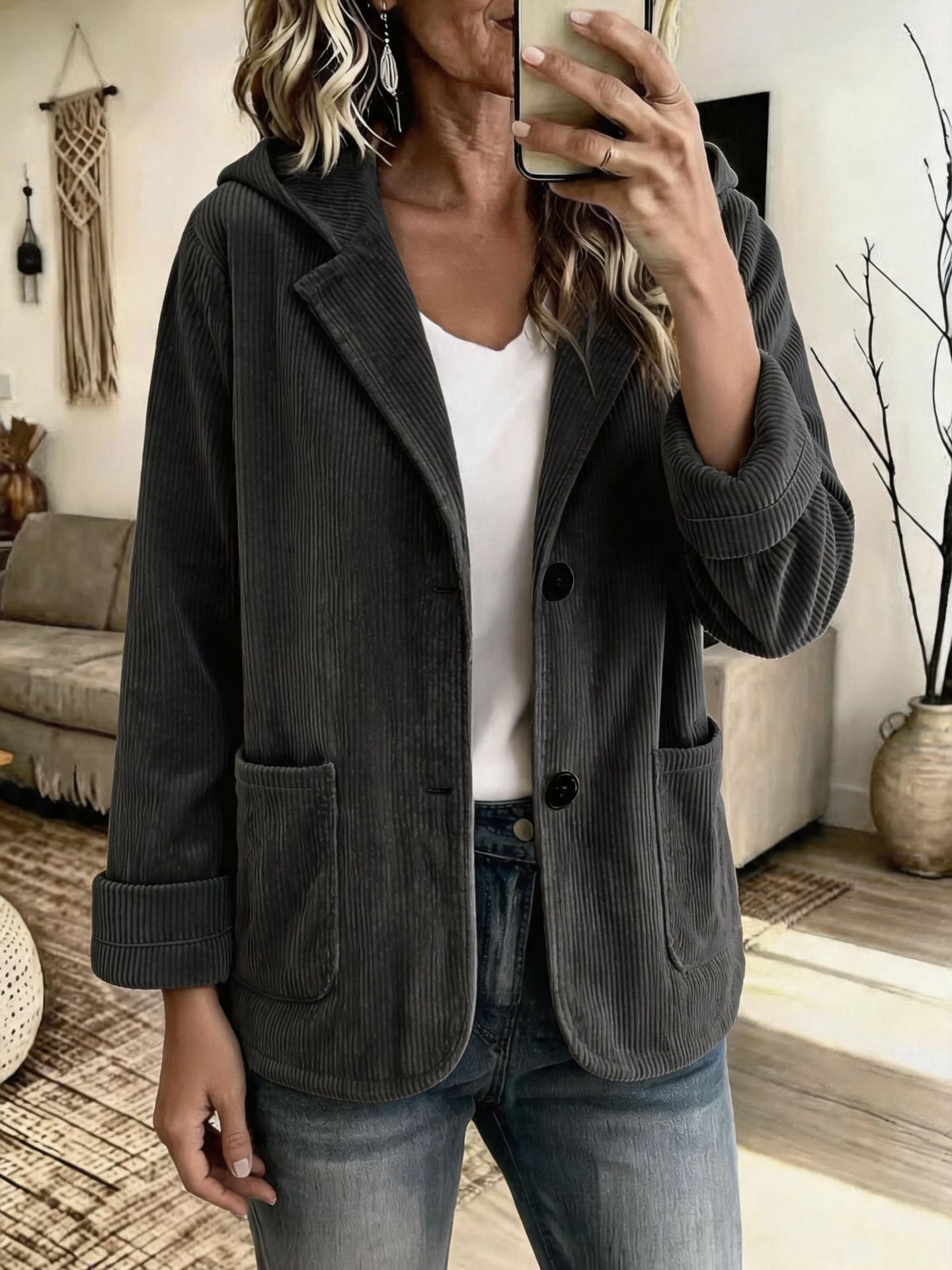 Corduroy Hooded Short Jacket with Lapel Collar