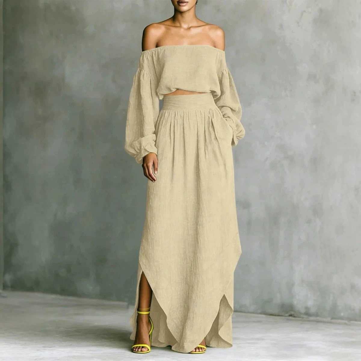 Women's Off-Shoulder Top and Asymmetrical Skirt Two-Piece Set