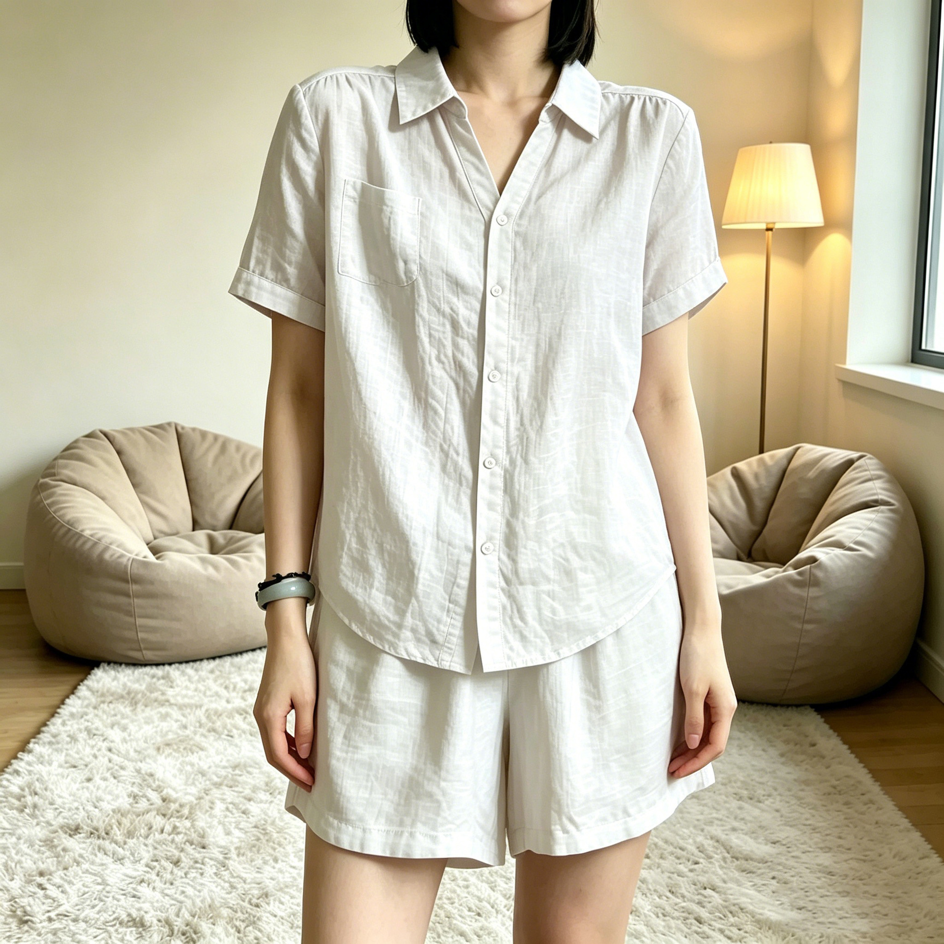 Women's Casual Solid Color Shirt and Shorts Set with Lapel Collar and Short Sleeves
