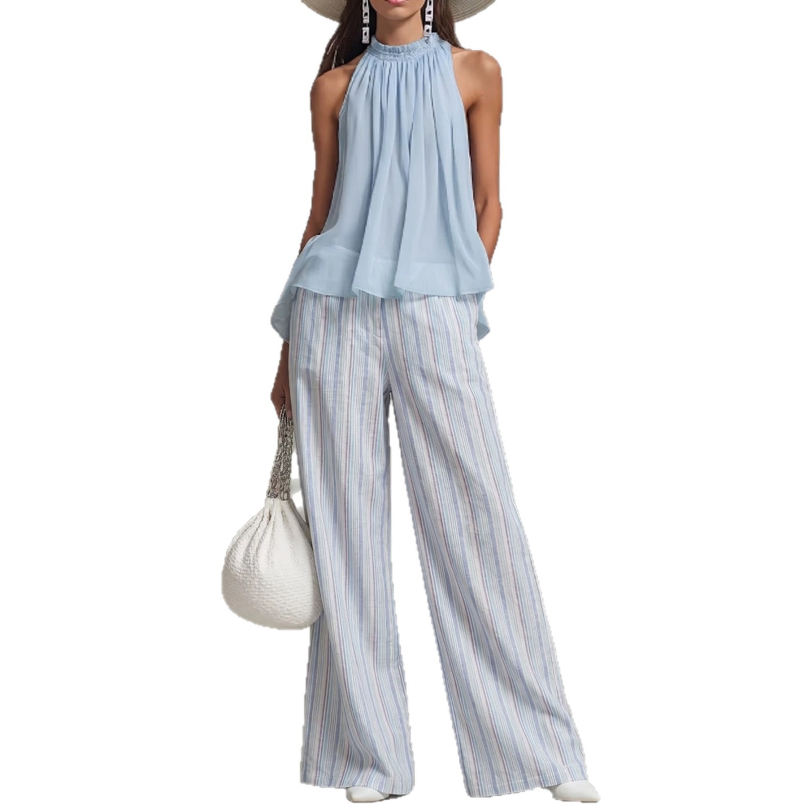 Sleeveless Colorblock Striped Top & Wide-Leg Pants Set