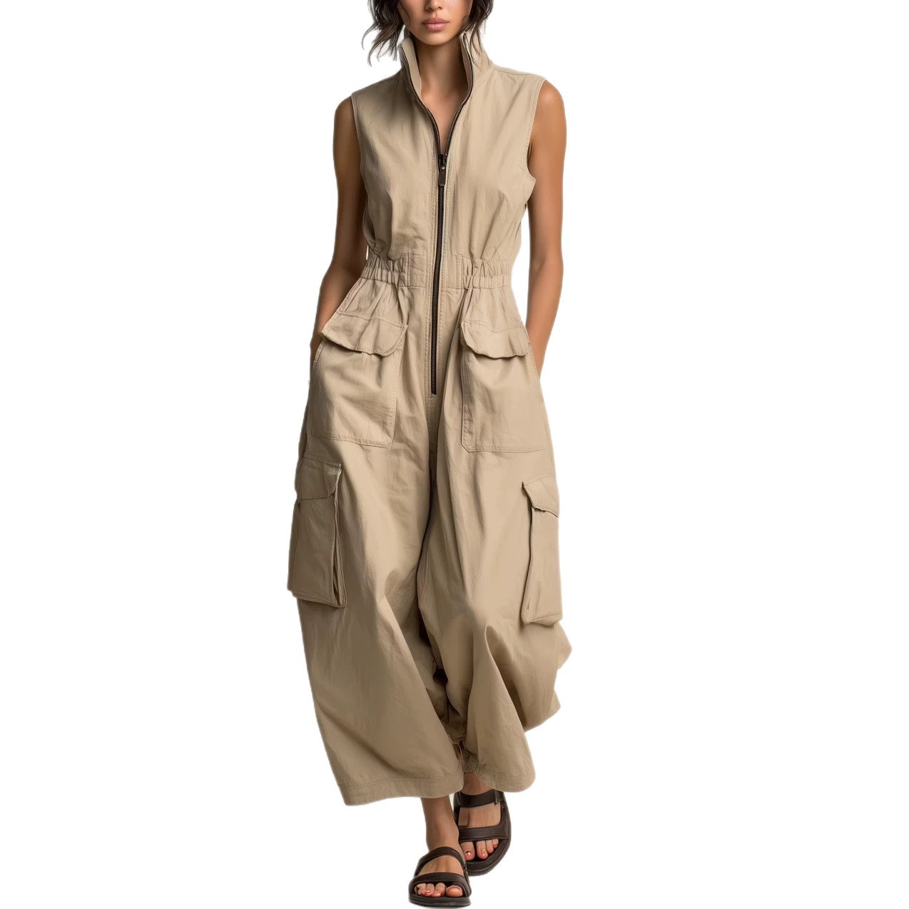 Cotton Twill Sleeveless Cargo Jumpsuit Wide-Leg Zip Front