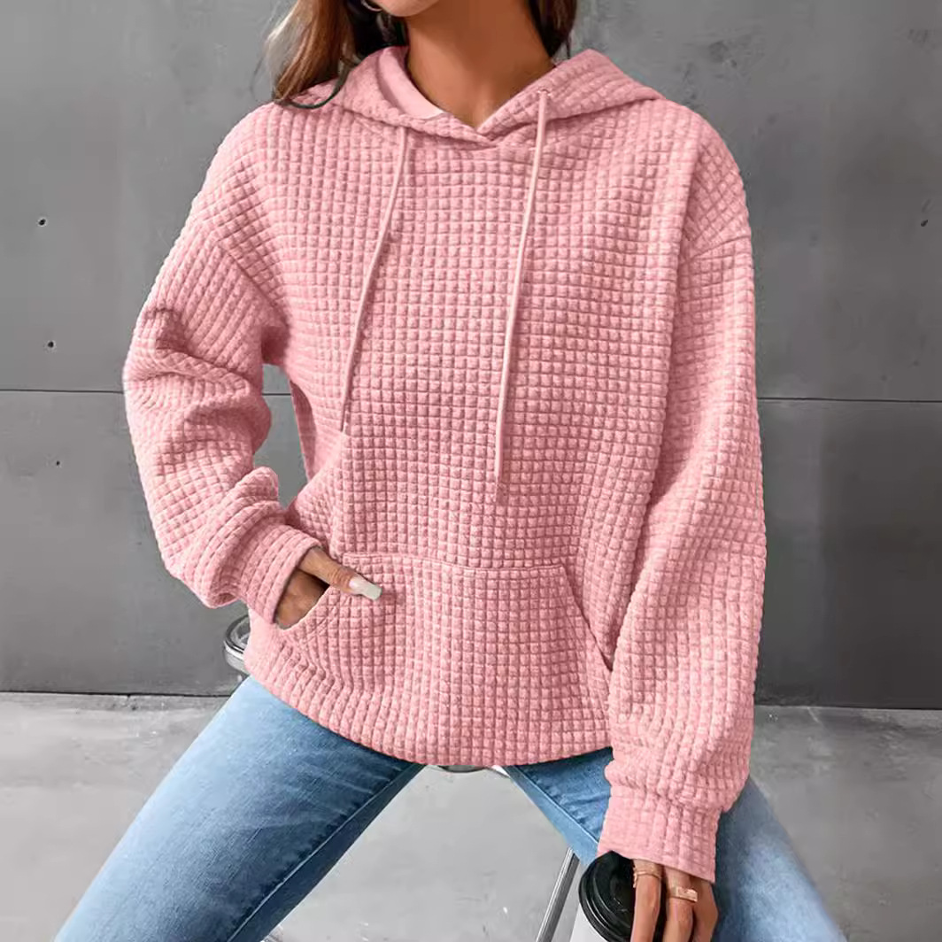 Women's Waffle Knit Hooded Pullover Sweatshirt Solid Color Long Sleeve