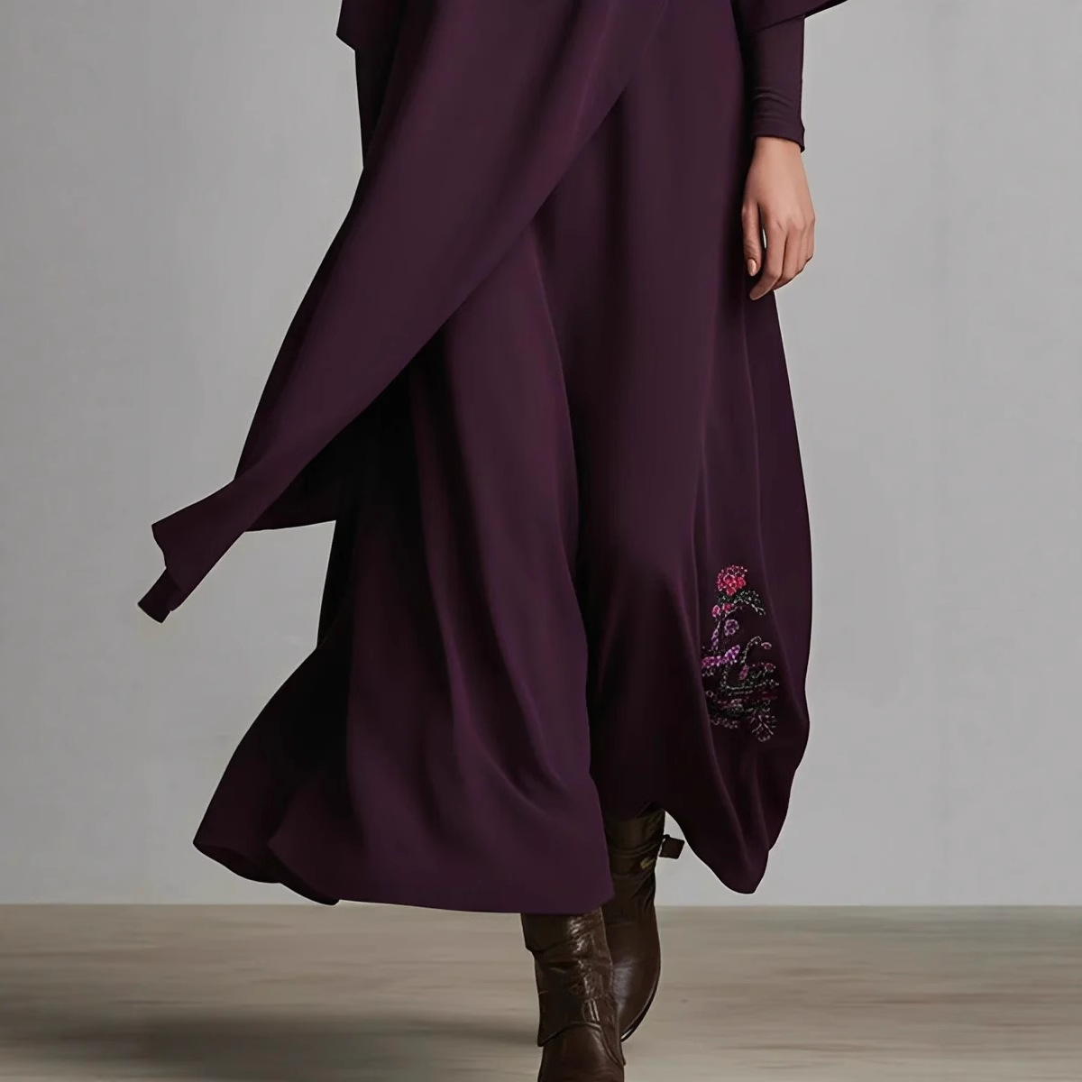 Women's Long Sleeve Loose Embroidered Irregular Waist Dress