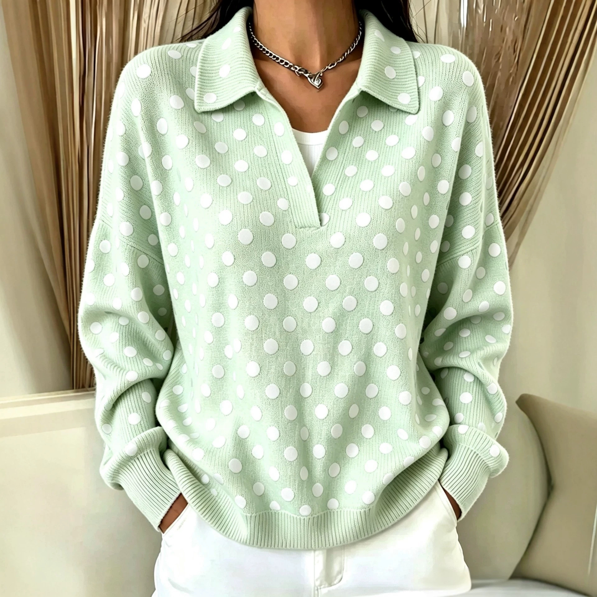Women's Retro Polka Dot Print Button-Up Collared Sweatshirt