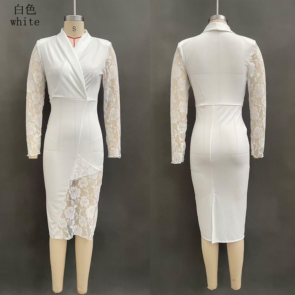 Solid Lace Panel Long Sleeve Notch Lapel Blazer Dress