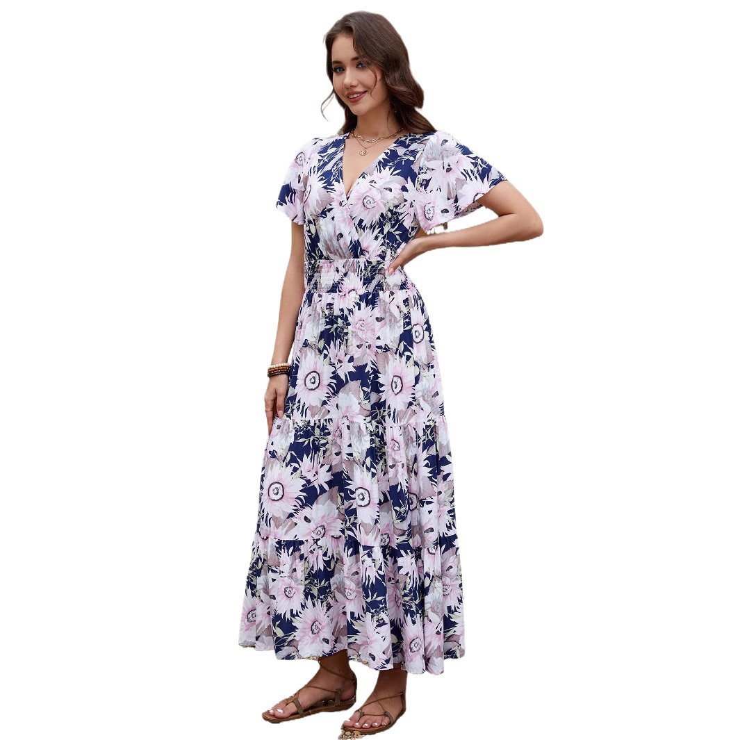 Floral Print V-Neck Short Sleeve Cinched Waist Flowy Maxi Dress