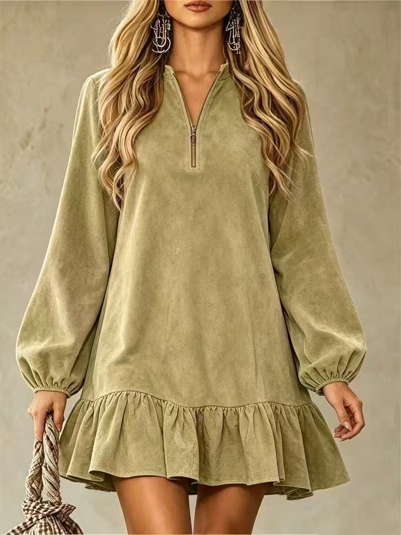 Women's Loose Long Sleeve V-Neck Mini Dress
