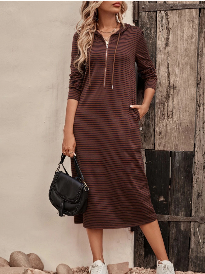 Striped Hooded V-Neck Long Sleeve Bodycon Midi Dress