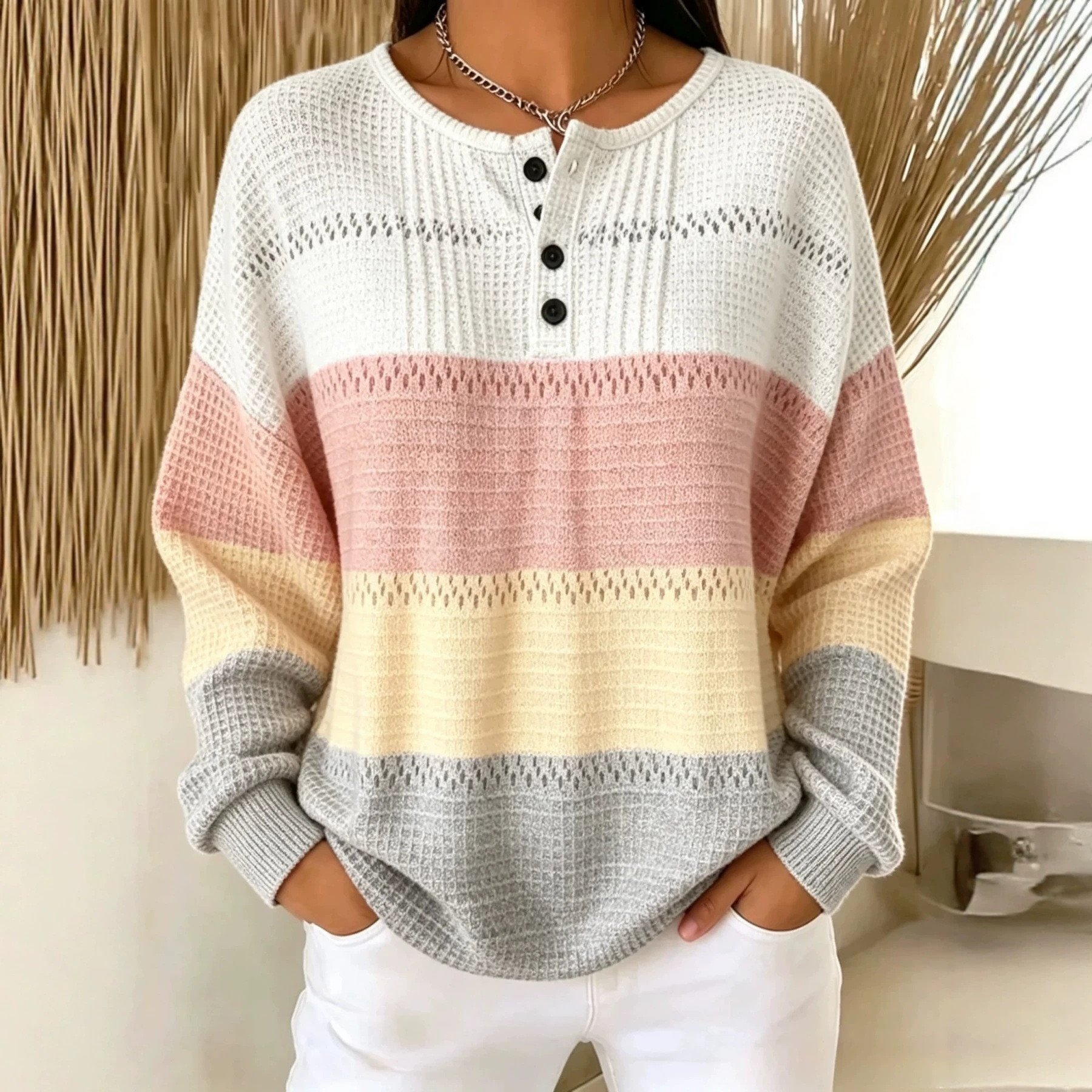 Women's Striped Print Buttoned Casual Hoodie