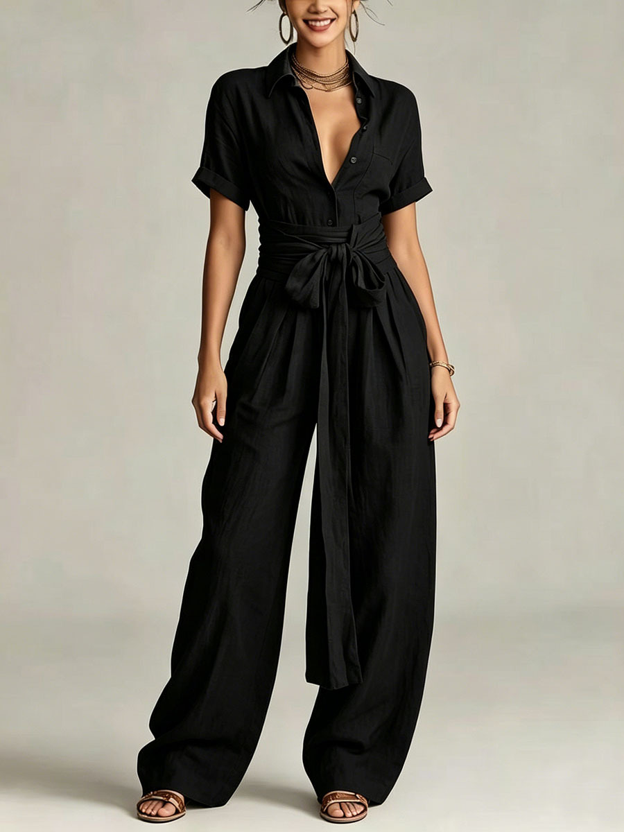 Women's Solid High-Waist Short-Sleeve Jumpsuit Casual Loose Straight-Leg