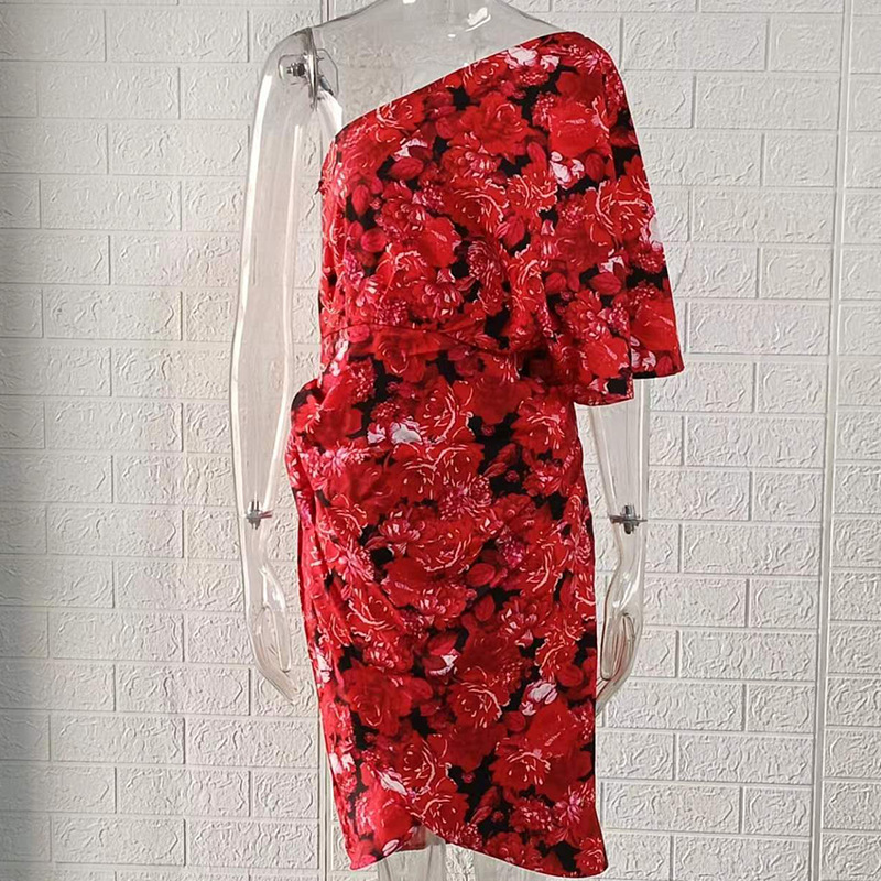 Red Rose Print One-Shoulder Asymmetric Party Mini Dress