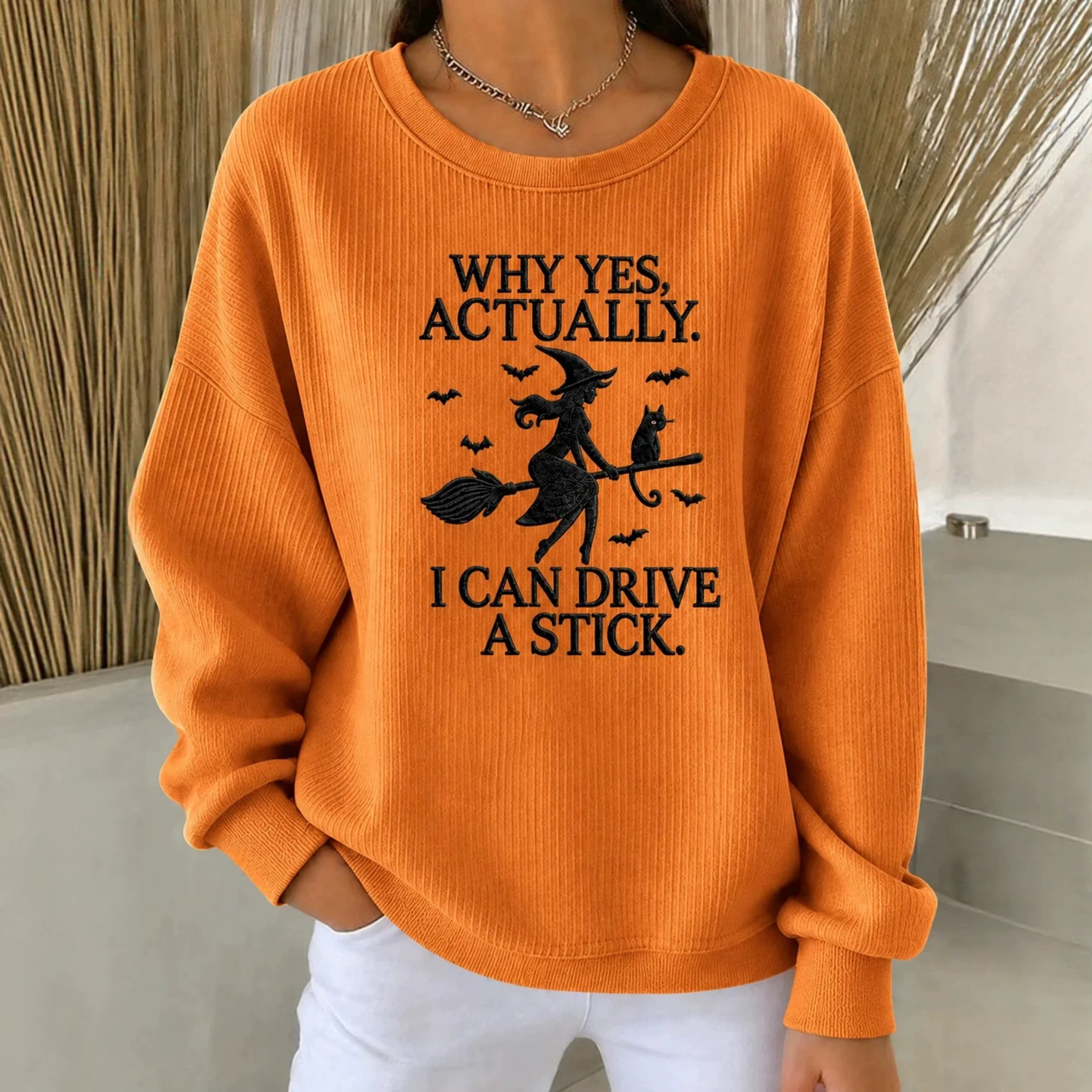 Halloween Witch Broom Print Crewneck Long-Sleeve Pullover Sweatshirt