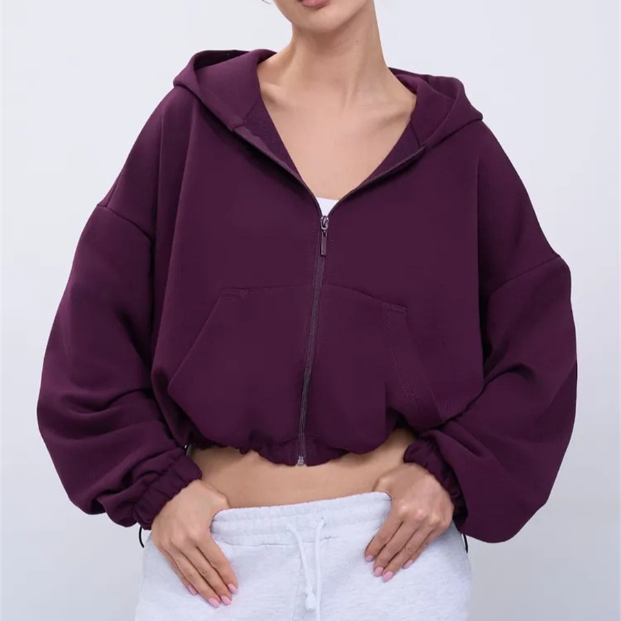 Women's Solid Color Hooded Zip-Up Waist-Cinching Short Jacket