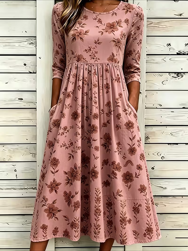 Women's Fresh Floral Print Ruched Midi Dress