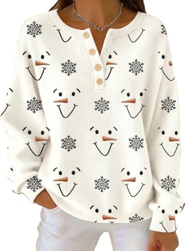 Women's Snowman Carrot Snowflake Smiley Print Button Sweatshirt
