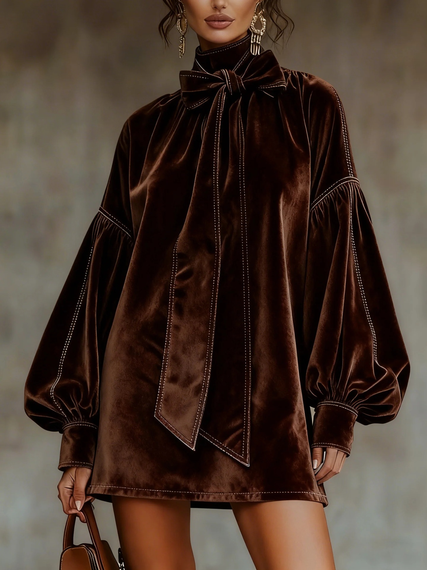 Velvet Long Sleeve Bow Short Dress