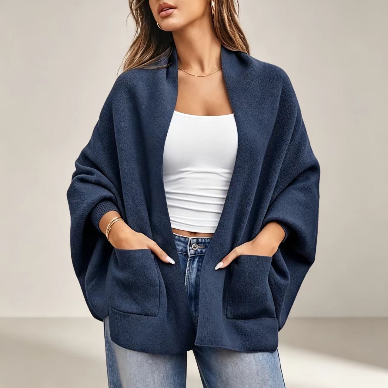 Women's Solid Knit Cardigan Sweater, Loose V-Neck Batwing Sleeve Mid-Length